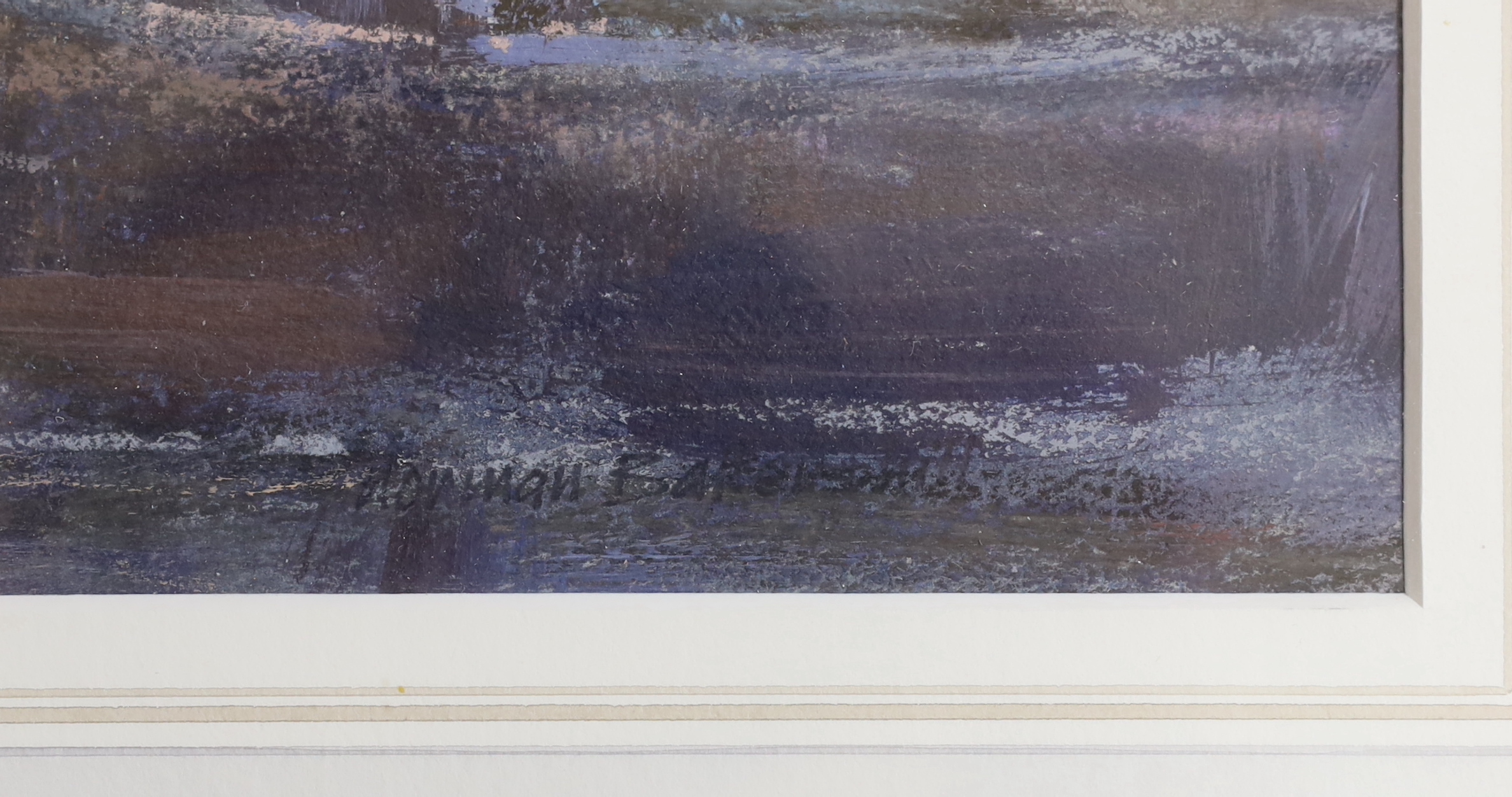 Norman Battershill (b.1922) heightened pastel and mixed media, 'The Thames, Chelsea', signed, 30 x 22cm